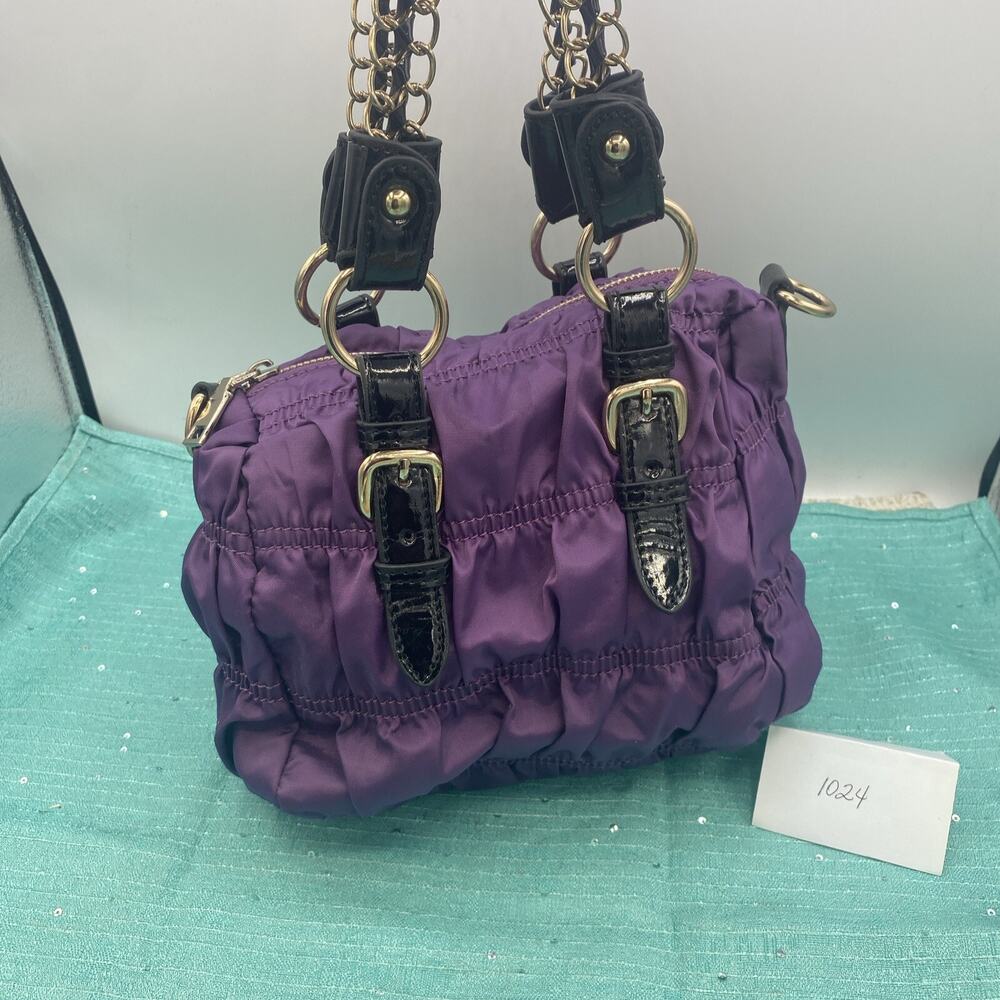 Women’s Purple Nylon Gathered Handbag With Gold Chain Handles And Gold Accents